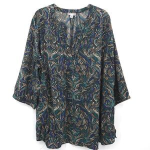 Catherines print popover tunic top Plus Size 2X green blue 3/4 sleeves